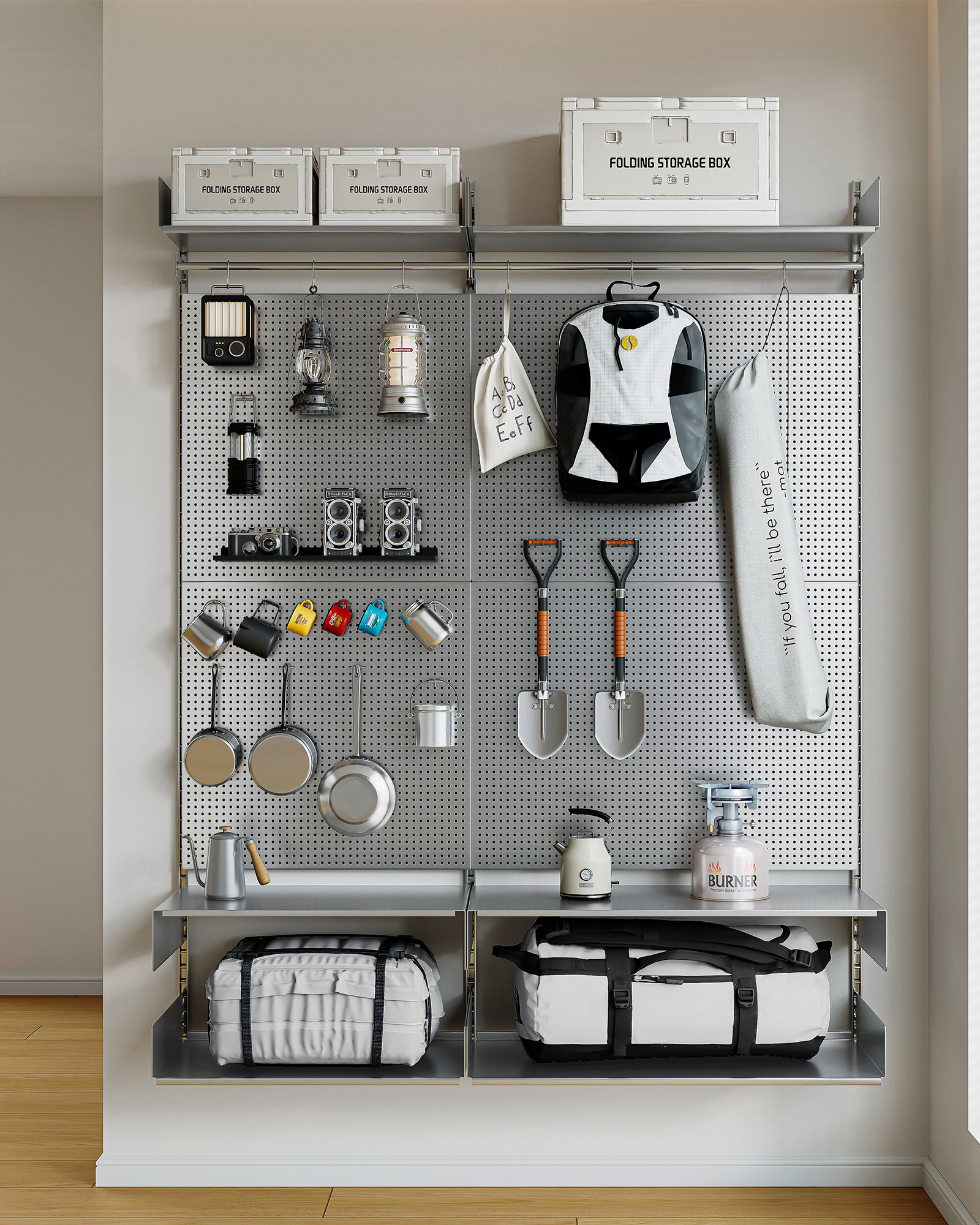 Stainless Steel Pegboard Organizer with Hanging Rail & Storage Shelves in Stainless Steel