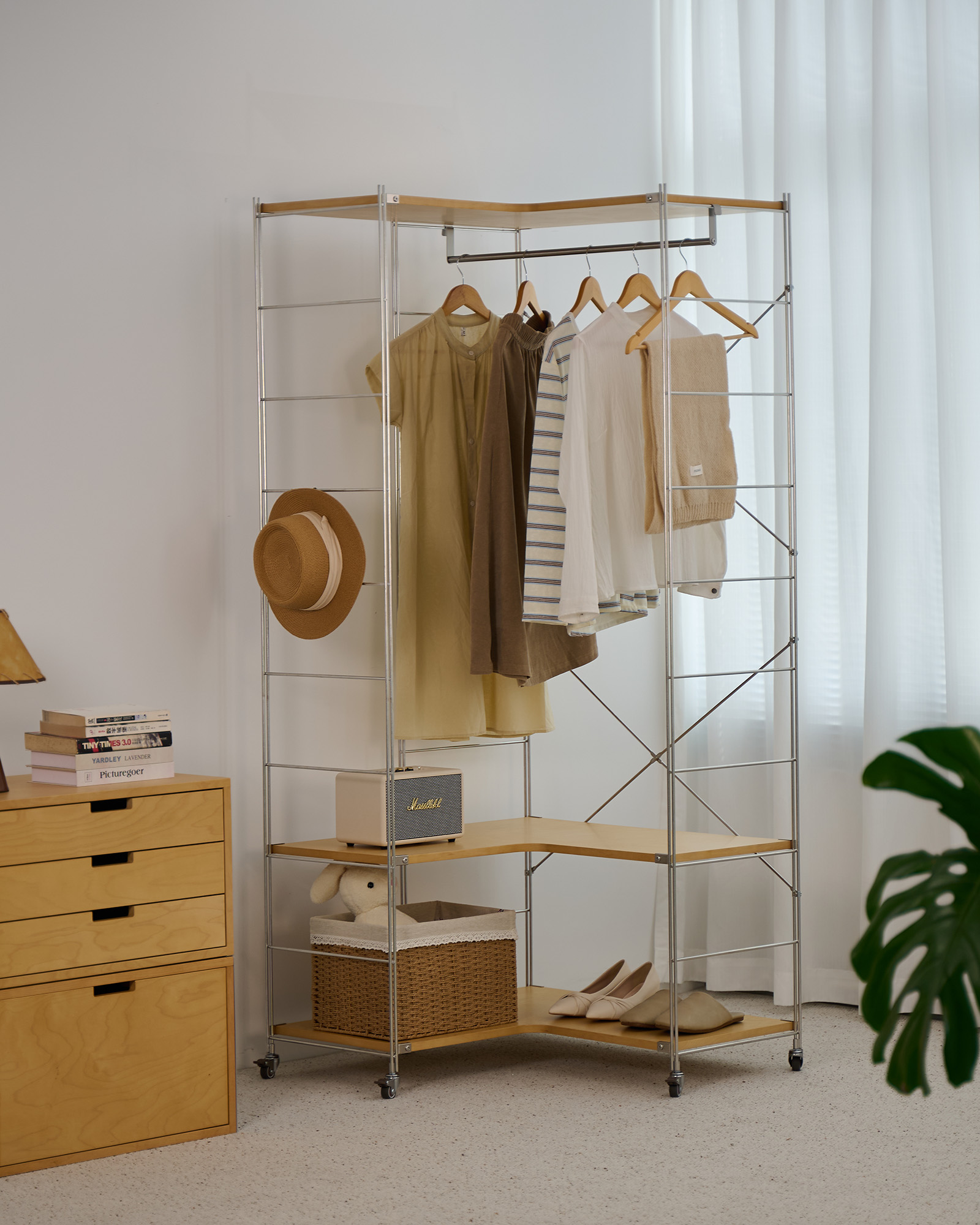 Birch L-Shaped Corner Garment Rack with Hanging Area in Birch Wood