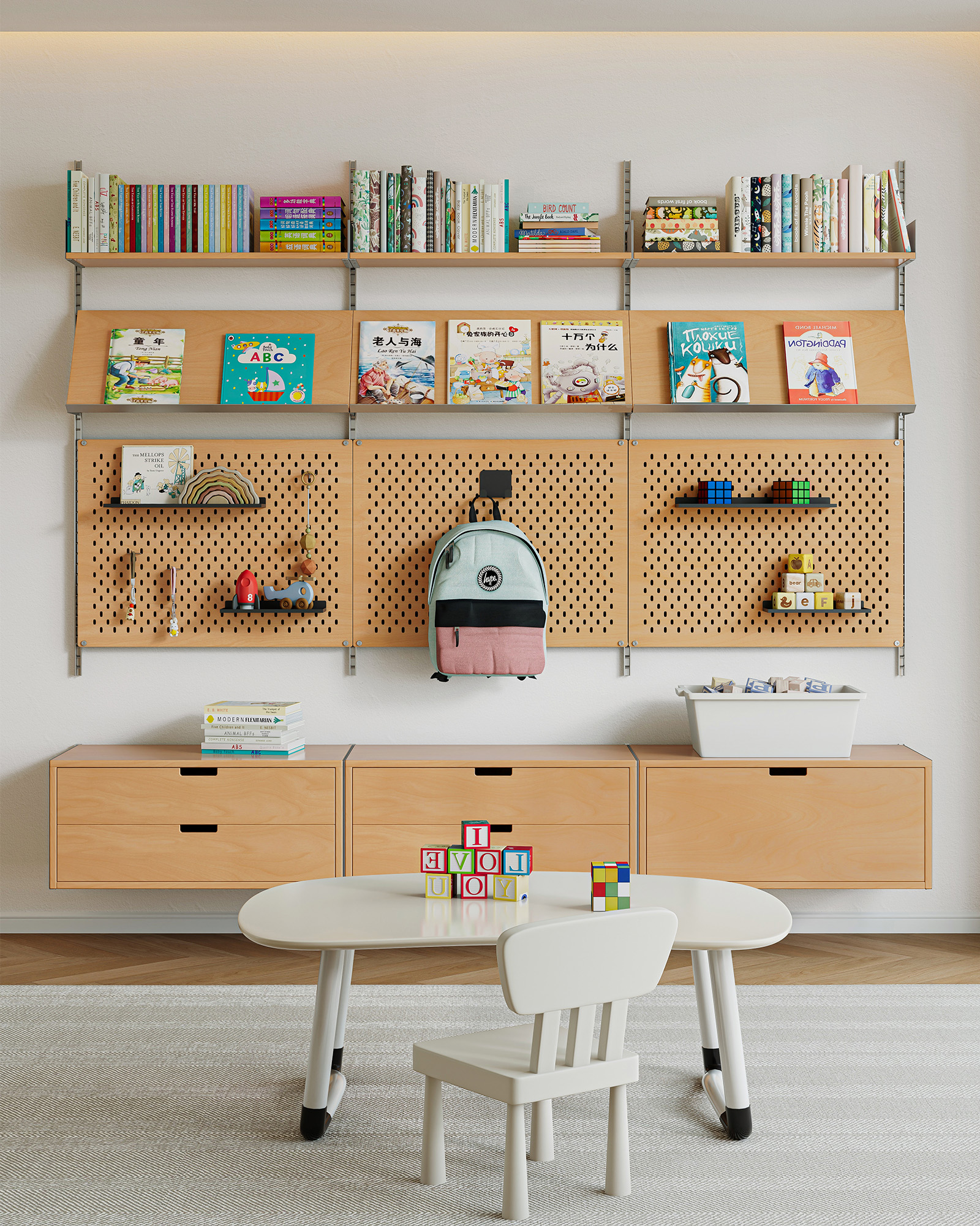 Wall-Mounted Book Display Shelves with Pegboard Panels & Drawers in Birch Plywood